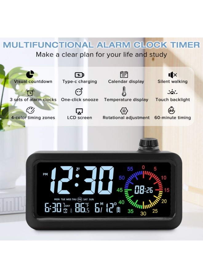 Yakiter - Digital Alarm Clock, Visual Color LED Screen with Timer, 2 Brightness Levels, 3 Volume, 3 Alarm Clock, Snooze, 12/24 Hours, 60 Minutes Countdown (Black) - Image 1