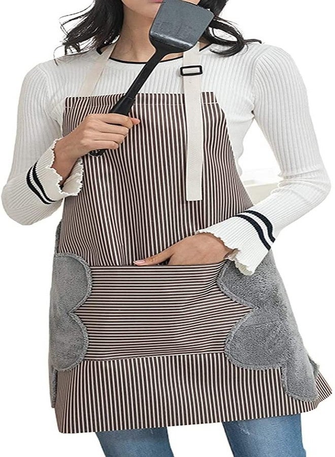 HEXONIQ® Adjustable Bib Apron With Pockets - 2 Side Coral Velvet Towels Stitched Durable Pinstripe Waterproof Cooking Aprons Suitable For Home Kitchen, Grill, Restaurant Even Garden Craft (Brown) - Image 1