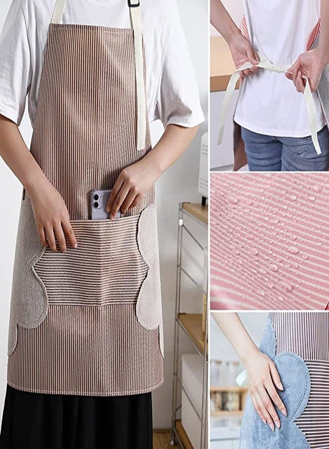HEXONIQ® Adjustable Bib Apron With Pockets - 2 Side Coral Velvet Towels Stitched Durable Pinstripe Waterproof Cooking Aprons Suitable For Home Kitchen, Grill, Restaurant Even Garden Craft (Brown) - Image 3