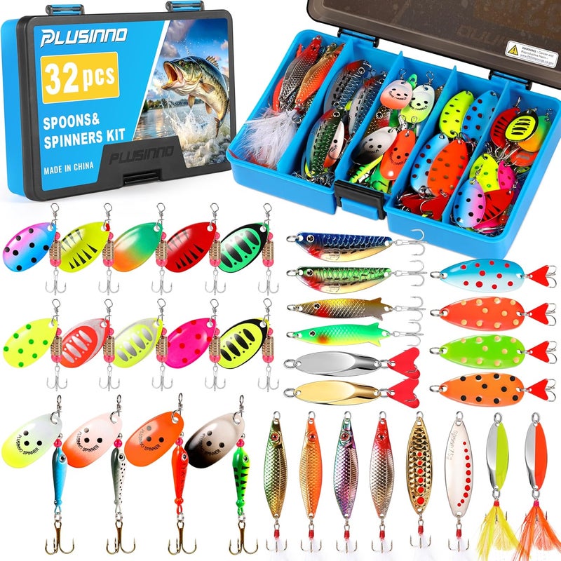 PLUSINNO Fishing Lures Spinner baits for Bass - 16/32 pcs Spinner Lures Kit with Portable Carry Bag, Hard Metal Spinner Baits for Trout - Image 1