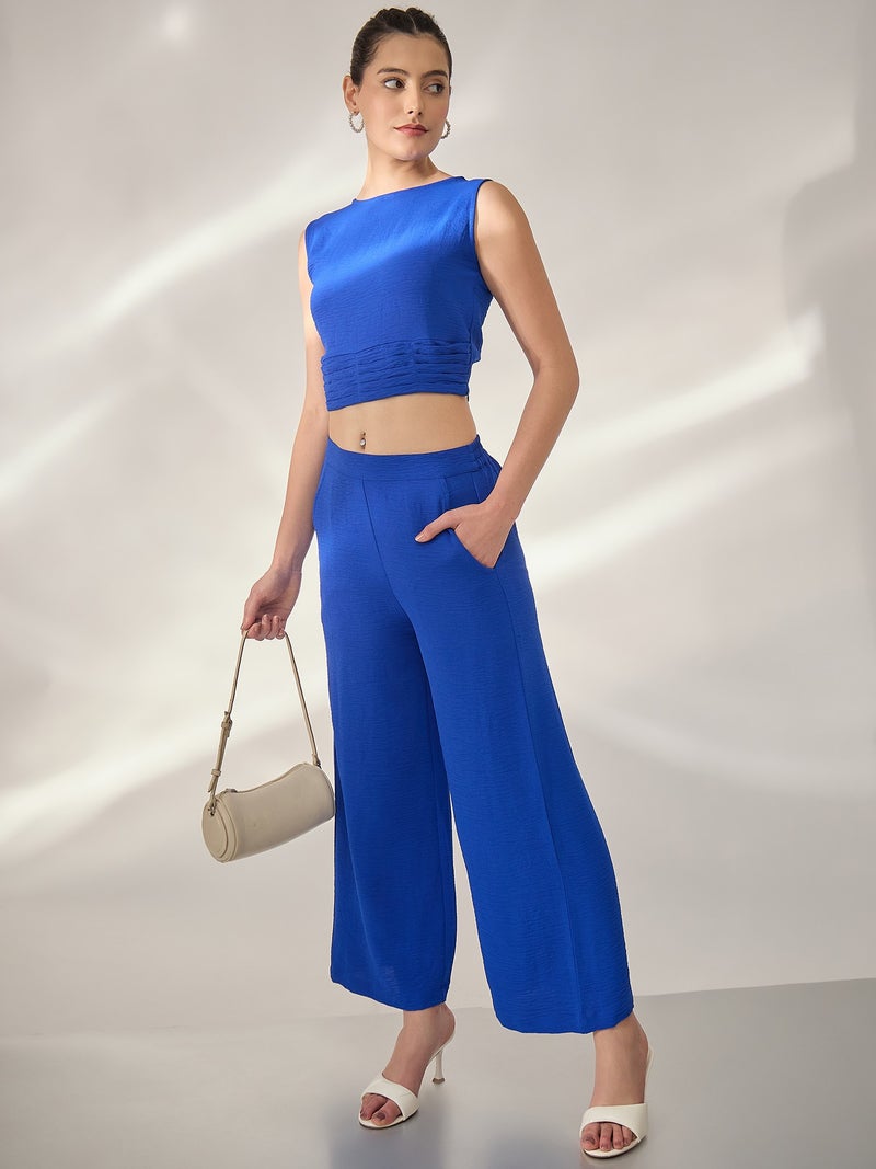 بانيت طقم متناسق (Co-ord Set) بلوزة قصيرة (Crop Top) زرقاء مع بنطلون - Image 4