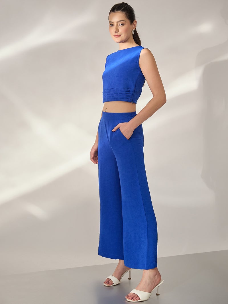بانيت طقم متناسق (Co-ord Set) بلوزة قصيرة (Crop Top) زرقاء مع بنطلون - Image 3