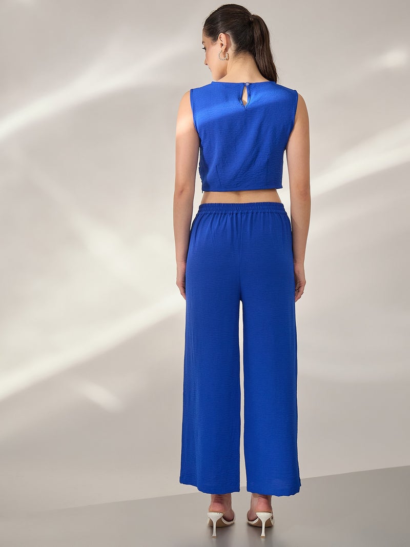 بانيت طقم متناسق (Co-ord Set) بلوزة قصيرة (Crop Top) زرقاء مع بنطلون - Image 1