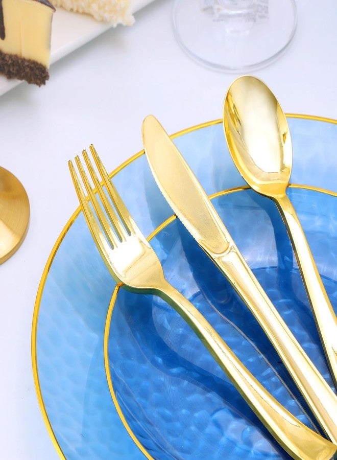 BONSINY 150 Pcs Blue Plastic Dinnnerware Set for 25 Guests - Clear Blue Plastic Plates Disposable with Gold Trim - Fancy Disposable Plates for Wedding, Birthday,Patriotic Party - Image 3