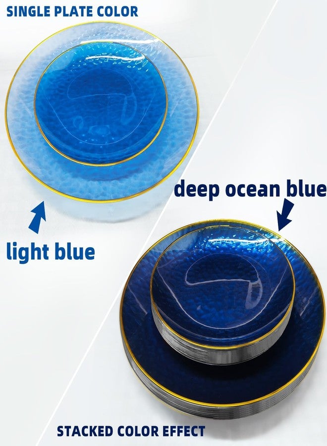 BONSINY 150 Pcs Blue Plastic Dinnnerware Set for 25 Guests - Clear Blue Plastic Plates Disposable with Gold Trim - Fancy Disposable Plates for Wedding, Birthday,Patriotic Party - Image 2