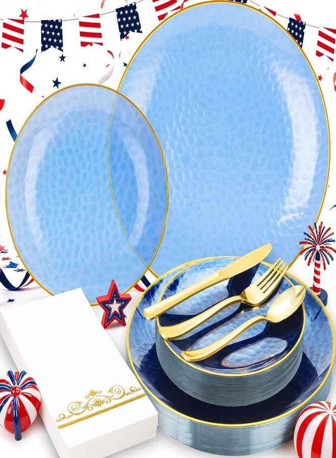 BONSINY 150 Pcs Blue Plastic Dinnnerware Set for 25 Guests - Clear Blue Plastic Plates Disposable with Gold Trim - Fancy Disposable Plates for Wedding, Birthday,Patriotic Party - Image 1