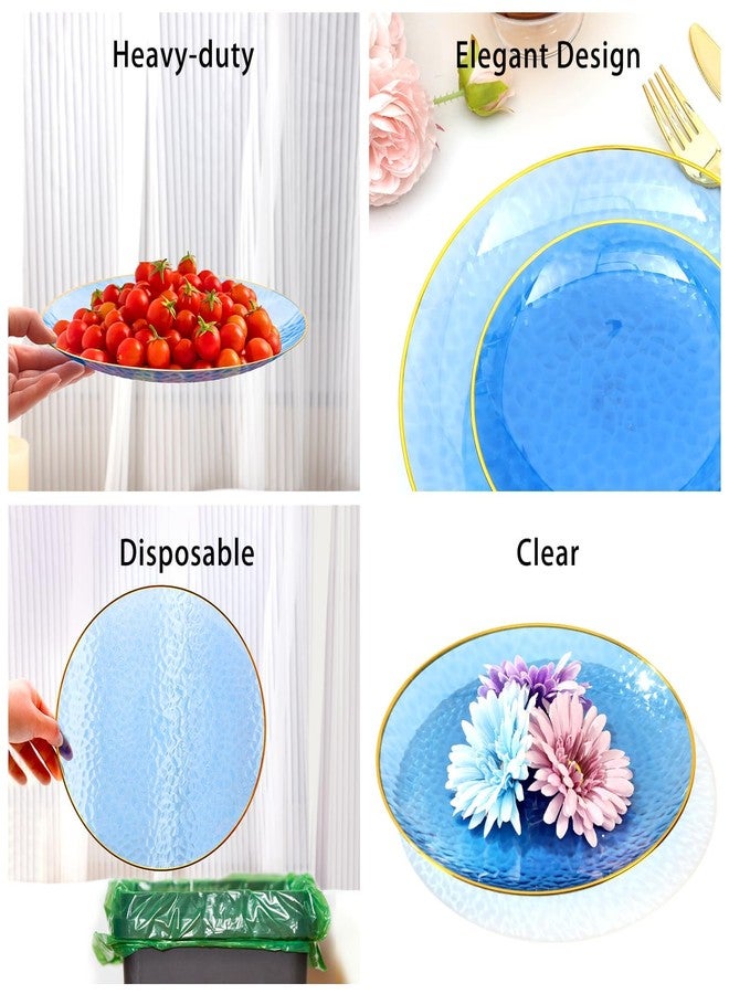 BONSINY 150 Pcs Blue Plastic Dinnnerware Set for 25 Guests - Clear Blue Plastic Plates Disposable with Gold Trim - Fancy Disposable Plates for Wedding, Birthday,Patriotic Party - Image 5