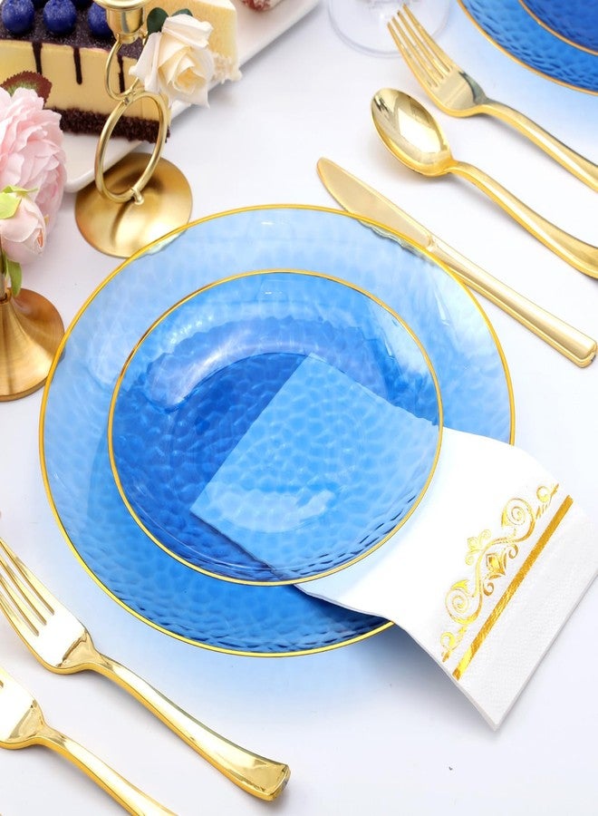 BONSINY 150 Pcs Blue Plastic Dinnnerware Set for 25 Guests - Clear Blue Plastic Plates Disposable with Gold Trim - Fancy Disposable Plates for Wedding, Birthday,Patriotic Party - Image 4