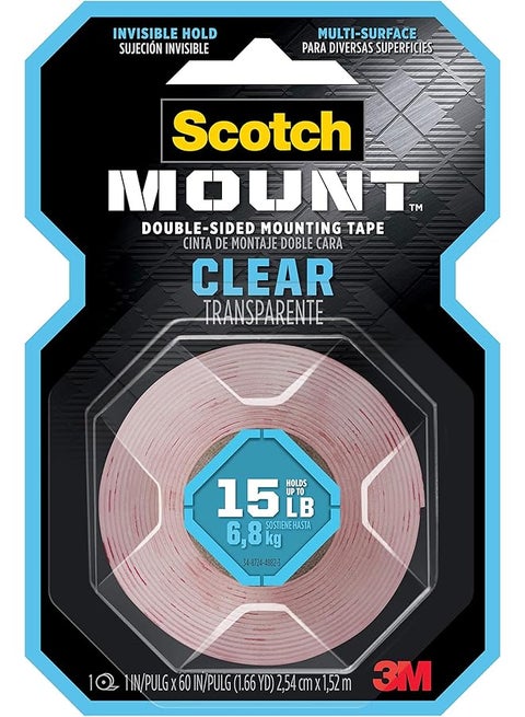 Mount Clear Tape 1 In X 60 In 2.54Cm X 1.52M 1 Roll Pack Holds 6.8 Kg Whole Roll Transparent Color Multi Surface Easy To Use No Tools Double Sided Adhesive Tape