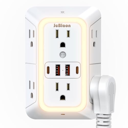 JcBlaon Wall Outlet Extender with Night Light, Power Plug Adapter Multi Plug Outlet Surge Protector with 4 USB Charging Ports (2 USB C), Adapter Spaced Outlets for Home Travel Office - Image 1