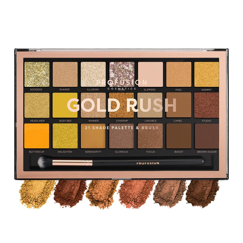 Profusion Cosmetics 21 Shades Gold Rush Eyeshadow Palette and Pro Series Brush for Flawless Eye Look, Get Attractive and Stunning Eye Look with Premium Makeup Kit - Image 1
