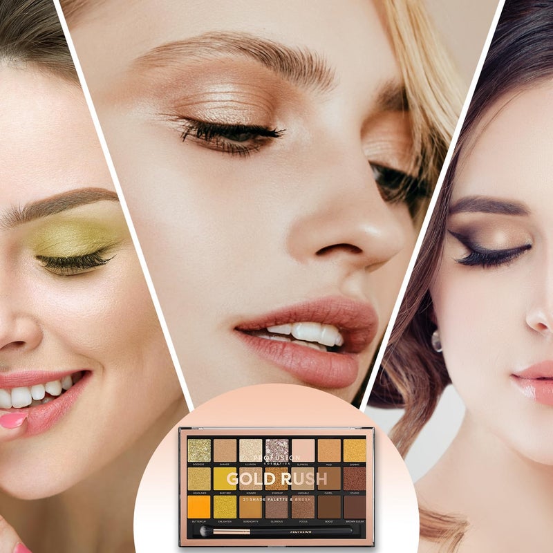 Profusion Cosmetics 21 Shades Gold Rush Eyeshadow Palette and Pro Series Brush for Flawless Eye Look, Get Attractive and Stunning Eye Look with Premium Makeup Kit - Image 3