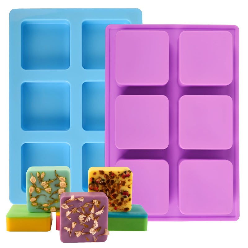 Sakolla 2 Pack Silicone Soap Molds for Soap Making, Reusable 6 Cavity Square Silicone Molds for Homemade Soap, Cake, Bread, Ice Cube - Image 1