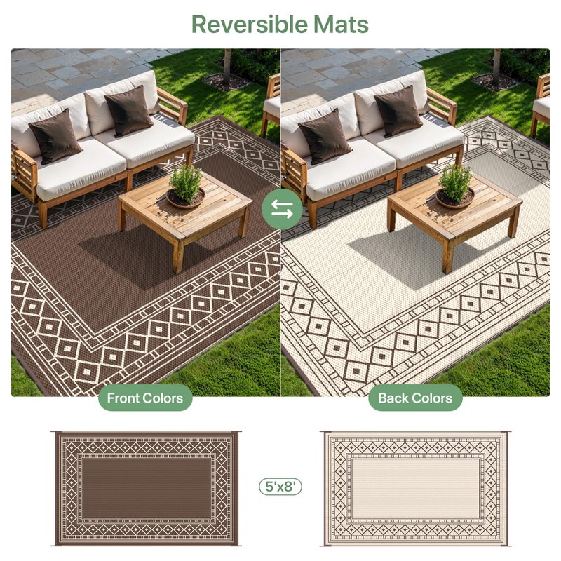 GENIMO Outdoor Rug Waterproof for Patio Decor, 5'x8' Reversible Plastic Straw Rug Carpet, Camping Mat for Outdoor, RV, Backyard, Deck, Balcony, Picnic, Beach, Coffee & Beige - Image 4