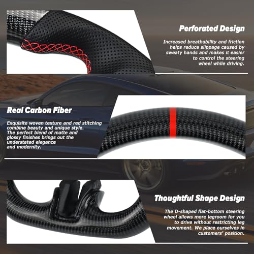 LOSCHEN Carbon Fiber Steering Wheel for Ford Mustang V6/GT/Shelby GT500 2018-2023, Real Carbon Fiber Nappa Perforated Leather D-shaped Flat-bottom Steering Wheel for Mustang 2018-2023 - Image 3
