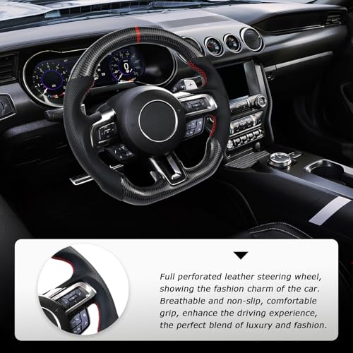 LOSCHEN Carbon Fiber Steering Wheel for Ford Mustang V6/GT/Shelby GT500 2018-2023, Real Carbon Fiber Nappa Perforated Leather D-shaped Flat-bottom Steering Wheel for Mustang 2018-2023 - Image 5