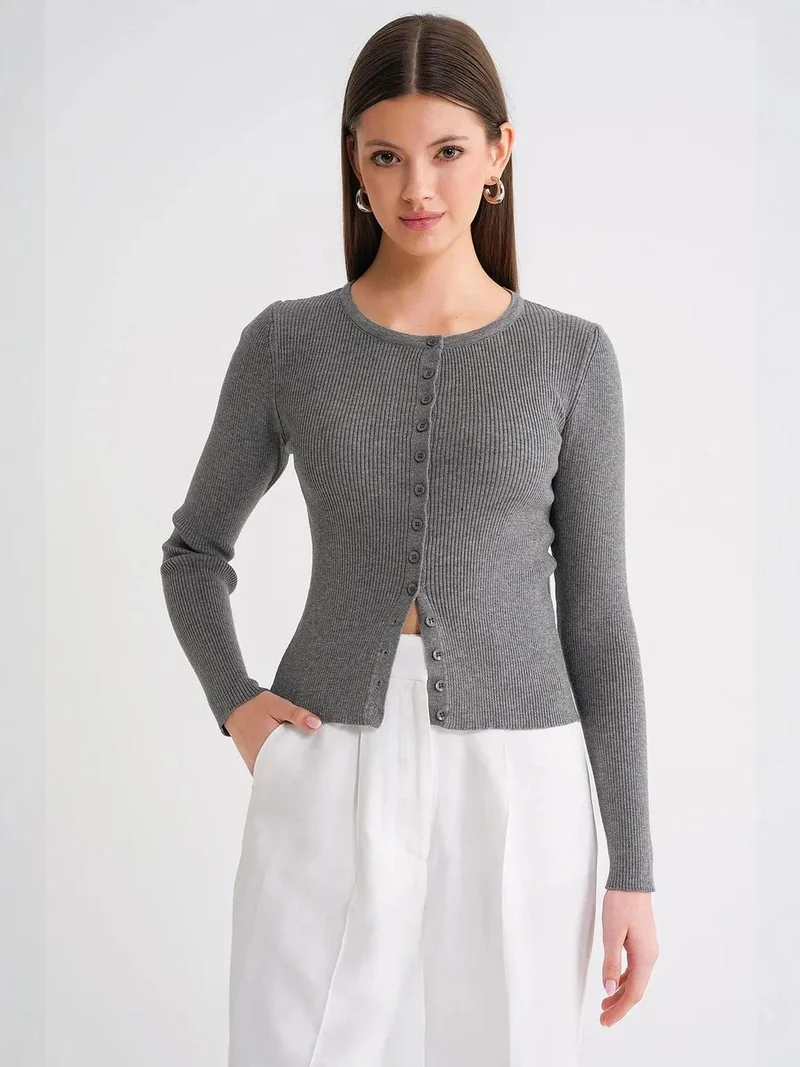 MixRay Mixray Buttoned Slim Fit Ribbed Knit Cardigan