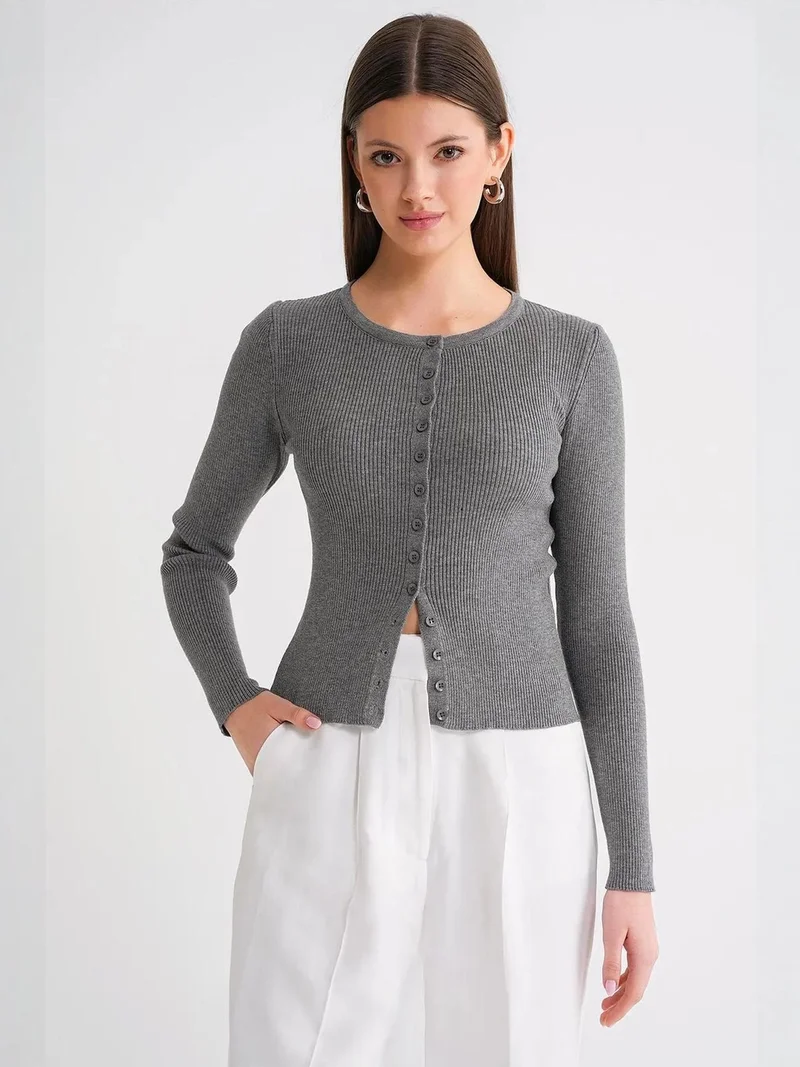 MixRay Mixray Buttoned Slim Fit Ribbed Knit Cardigan