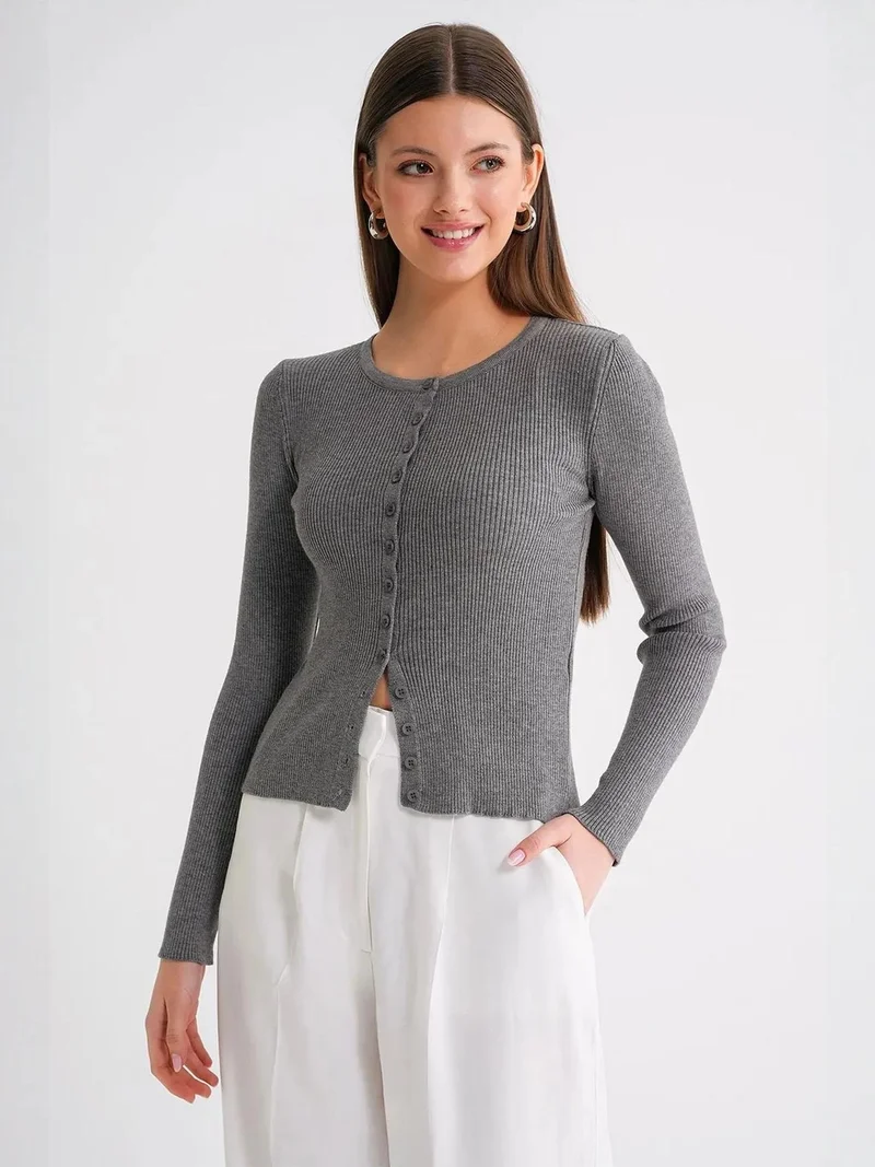 MixRay Mixray Buttoned Slim Fit Ribbed Knit Cardigan