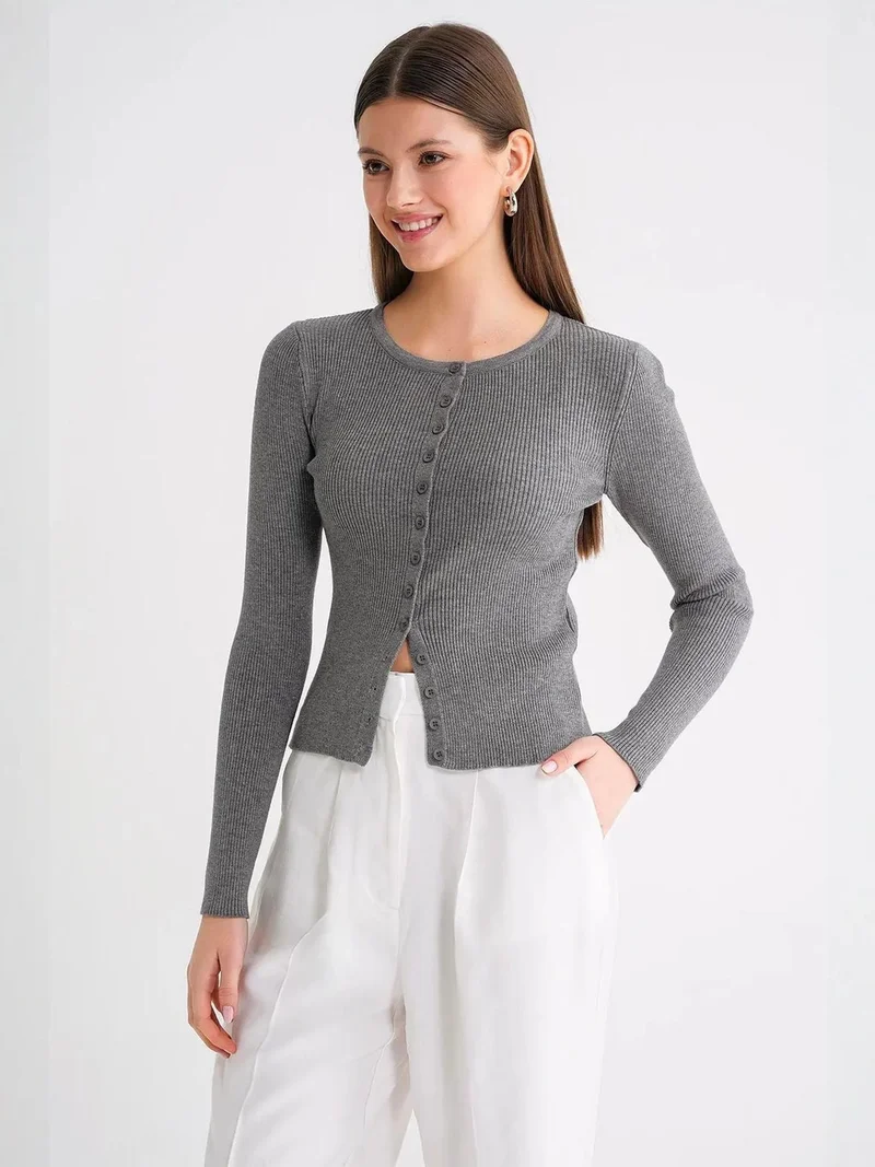 Mixray Grey Mixray Buttoned Slim Fit Ribbed Knit Cardigan for Women | Best Price UAE