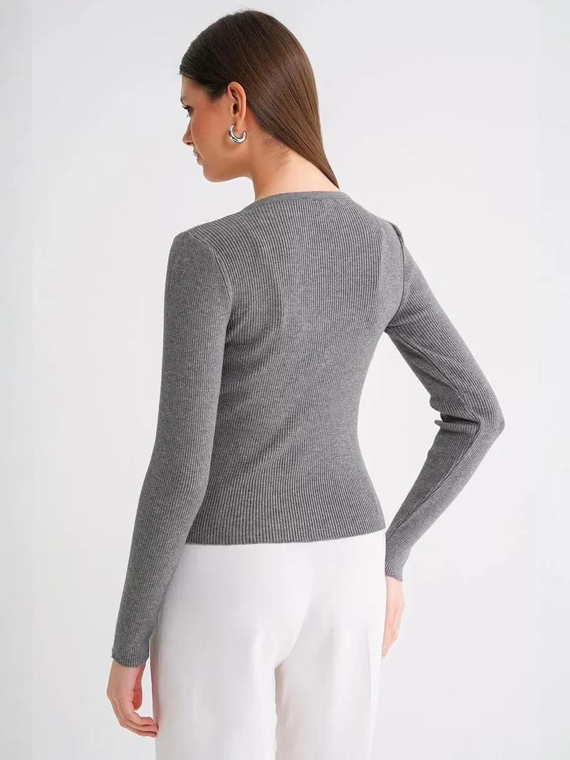 Mixray Grey Mixray Buttoned Slim Fit Ribbed Knit Cardigan for Women | Best Price UAE