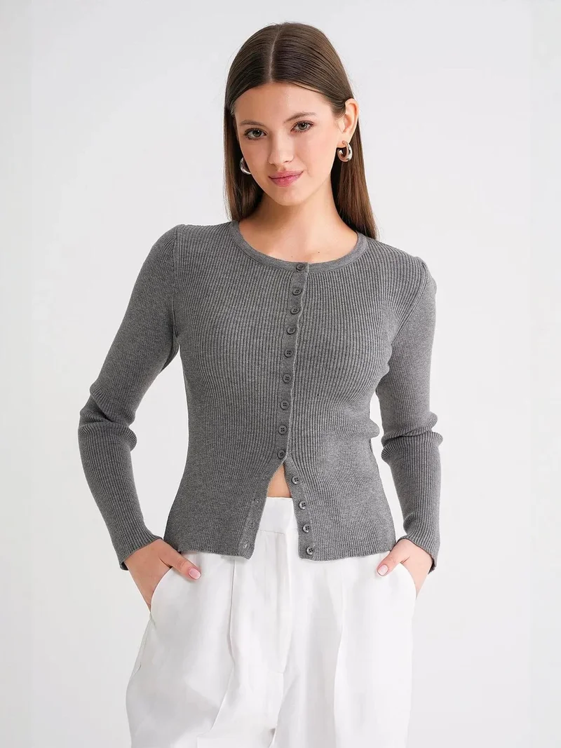 Mixray Grey Mixray Buttoned Slim Fit Ribbed Knit Cardigan for Women | Best Price UAE