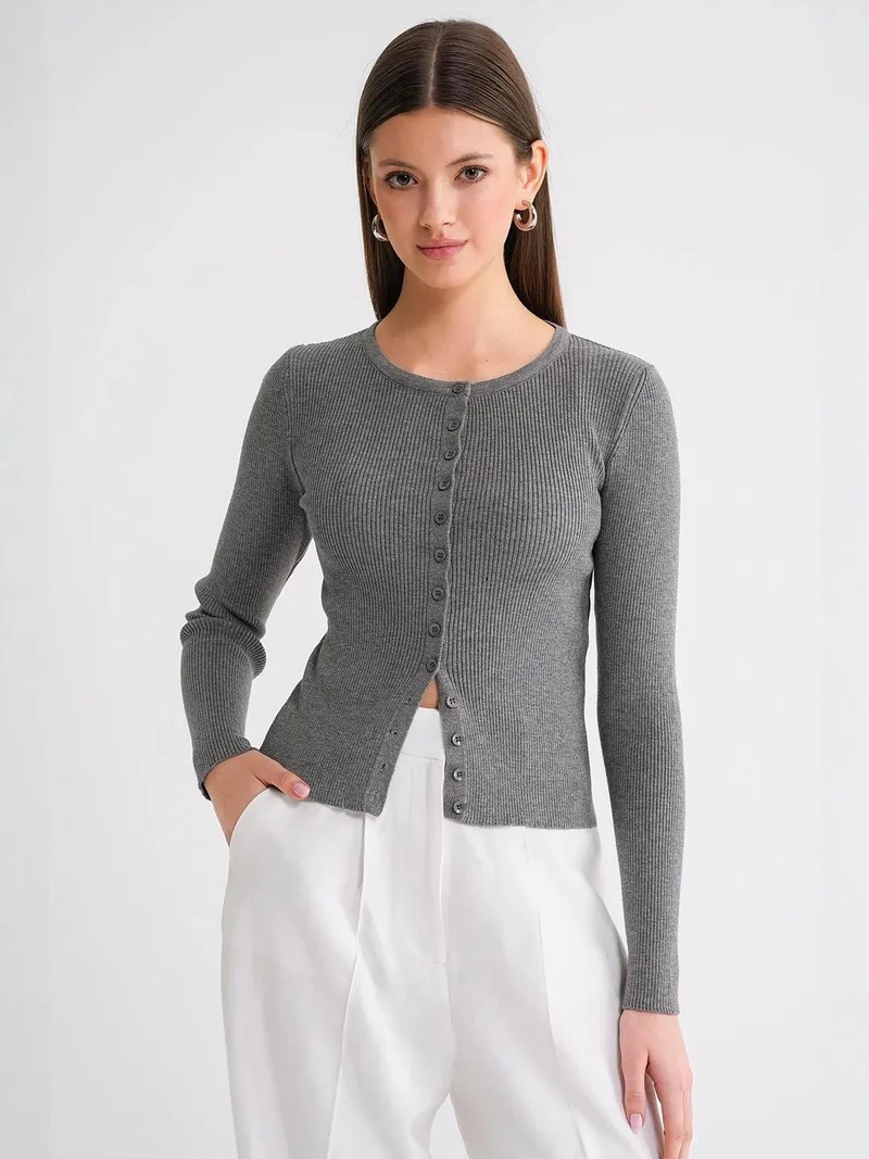 Mixray Grey Mixray Buttoned Slim Fit Ribbed Knit Cardigan for Women | Best Price UAE