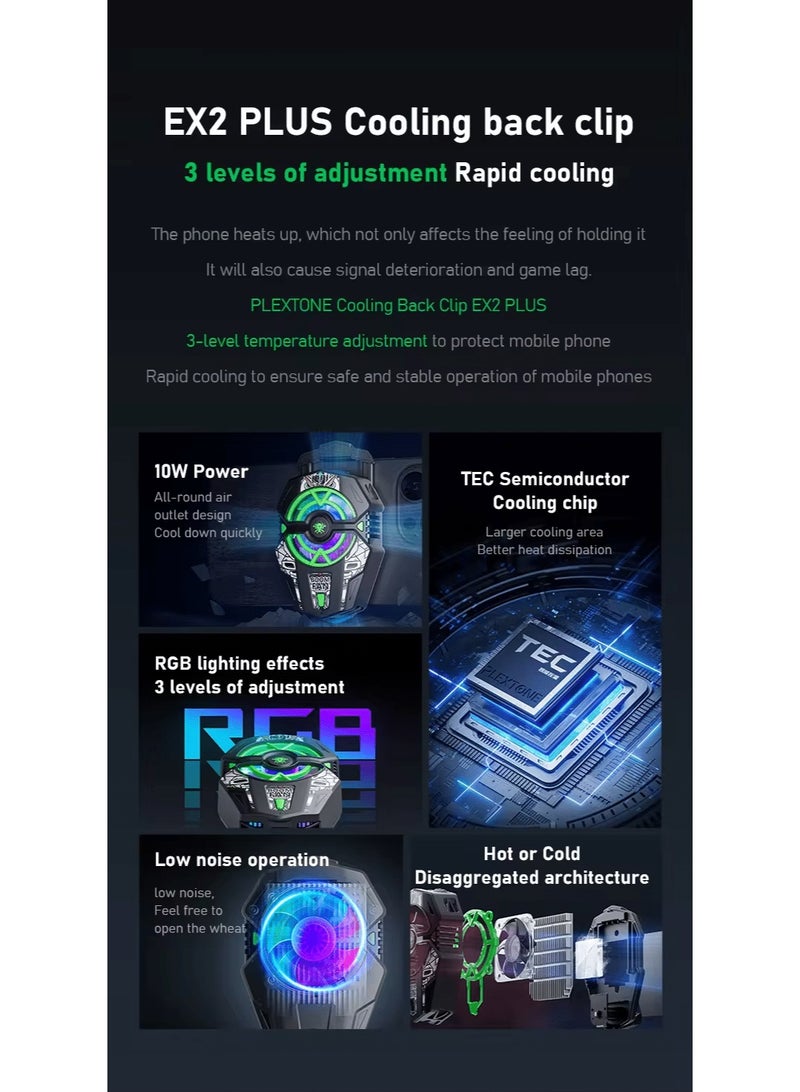 Plextone Plextone EX2 Plus Cooling Fan with RGB Lighting Portable Mobile Phone and iPad Cooler with Semiconductor for Gaming Phone Cooling Stabilizes Frame Rates in 1 Minute and Reaches Stunning Freeze Point in Just 3 Minutes Comes with Magnetic Soaking Pad and Fast Charging Cable  - Image 3