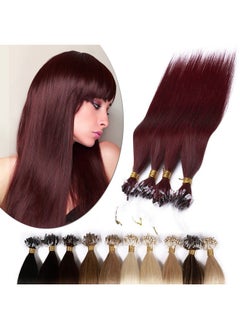 Ego Micro Links Hair Extensions 18 Inch 50G 100% Human Hair Balayage Micro Beads Fish Line I Tip Prebonded Extensions Seamless Loop Hand Tied Hair For Women Wine Red