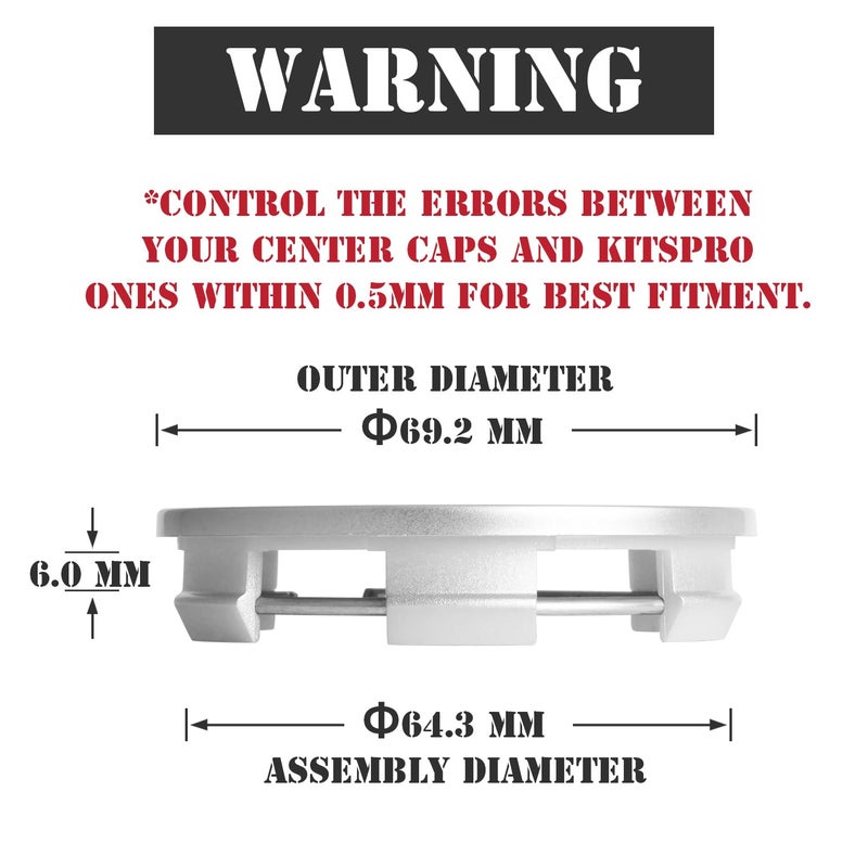KitsPro أغطية مركز العجلات KitsPro 2.7 بوصة 69 مم لهوندا 44732S9AA00، عبوة من 4 (فضي، خارجي 69 مم، داخلي 64 مم) - Image 2
