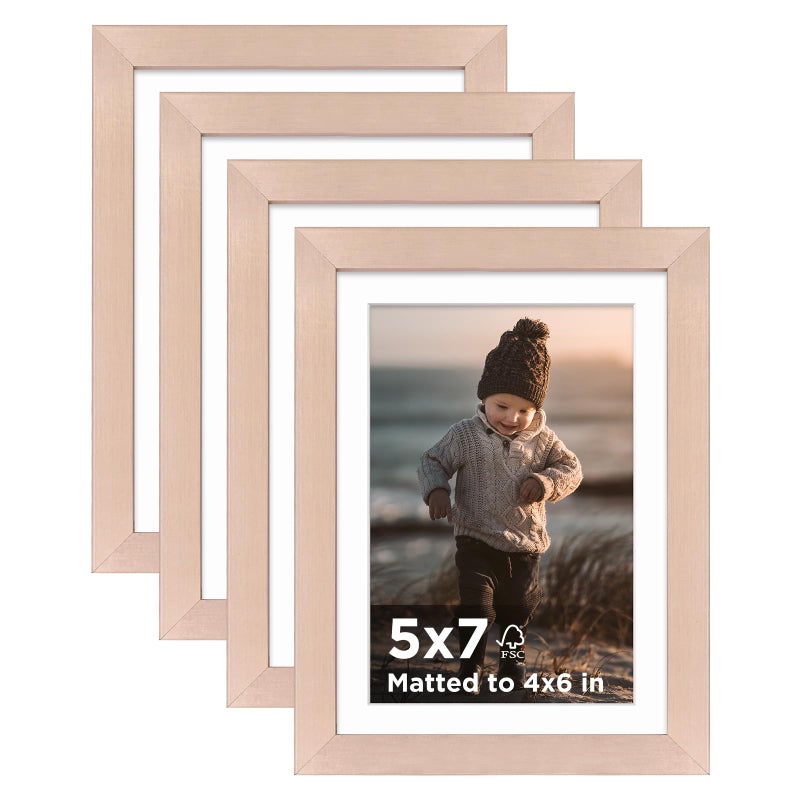 KINLINK 5x7 Picture Frame Rose Gold Set of 4 Wooden Photo Frames Matted 4x6 with Plexiglass for 4x6 with Mat or 5x7 without Mat for Table and Wall Display