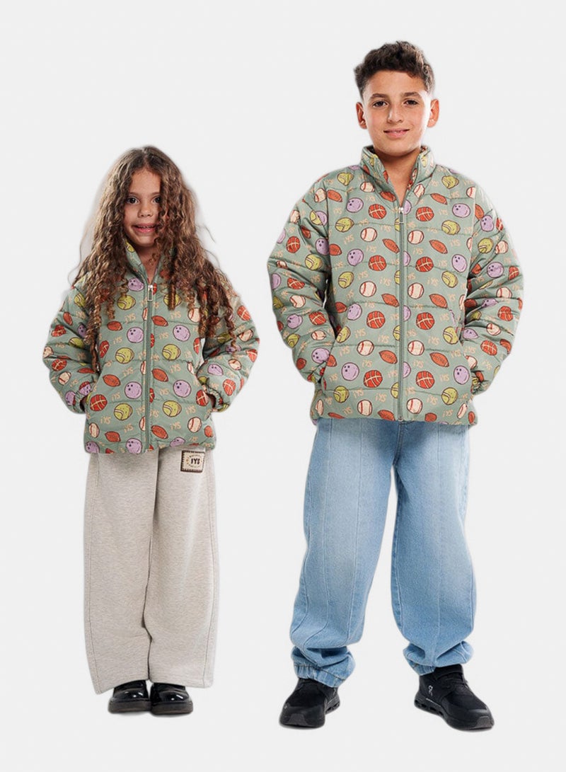In Your Shoe Sage Green Kids Oversized AOP Puffer Jacket - Image 2