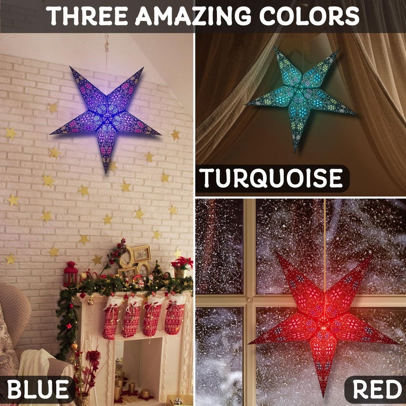 GalaxyArts Paper Star Lantern, 24 Inch Chakra Turquoise 3D Light-Up Hanging Lamp, Handcrafted Hollow Out Star Decoration for Christmas, Wedding, Parties, Birthday, Indoor Outdoor Home DÃ©cor (Medium) - Image 3