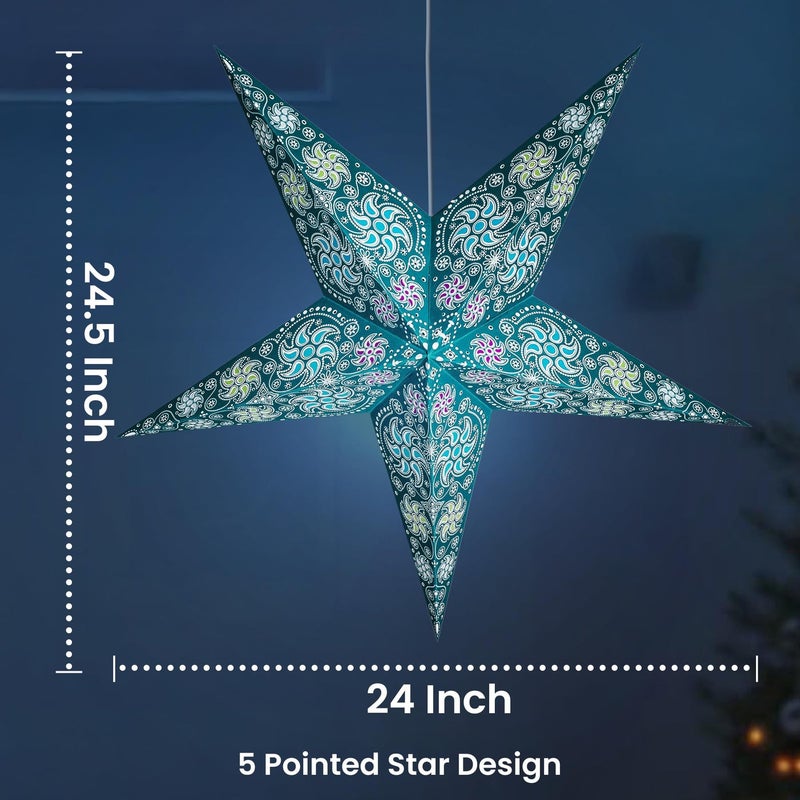 GalaxyArts Paper Star Lantern, 24 Inch Chakra Turquoise 3D Light-Up Hanging Lamp, Handcrafted Hollow Out Star Decoration for Christmas, Wedding, Parties, Birthday, Indoor Outdoor Home DÃ©cor (Medium) - Image 2