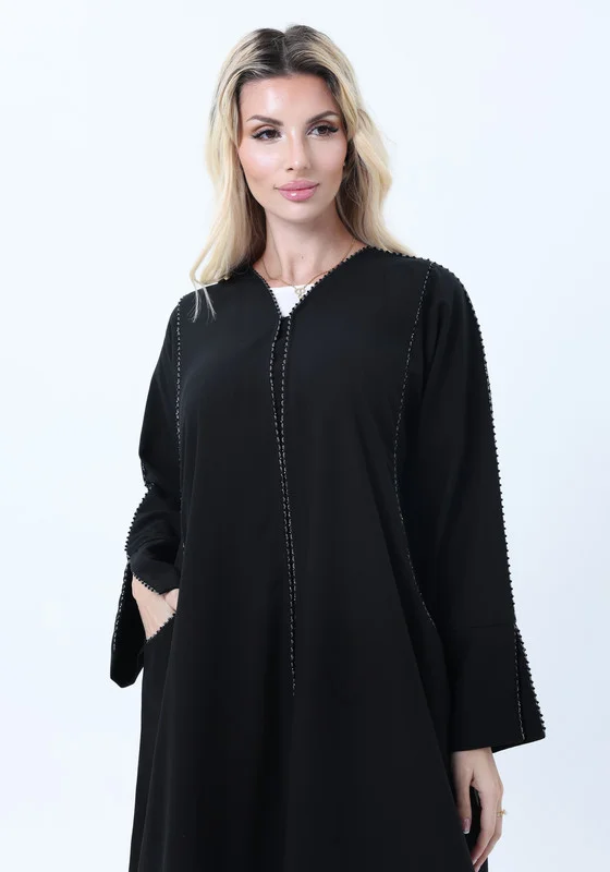 MSquare Fashion Black Phua Fabric Abaya with Lace Trim, Silver Detailing & Pockets