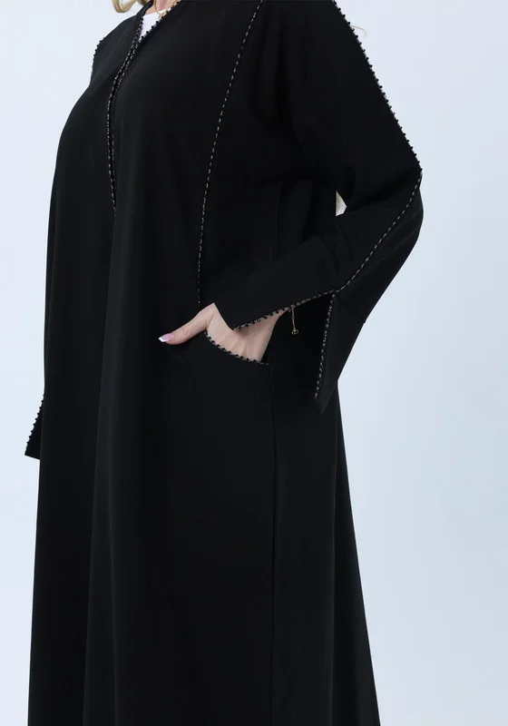 MSquare Fashion Black Phua Fabric Abaya with Lace Trim, Silver Detailing & Pockets