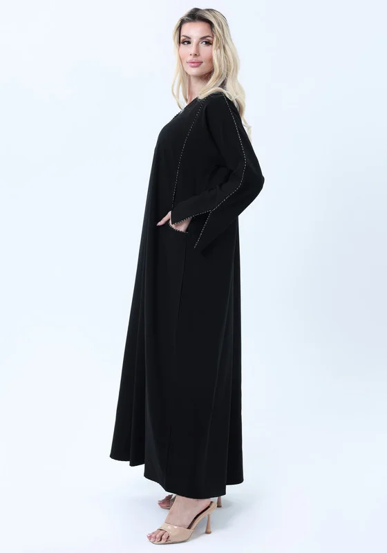 MSquare Fashion Black Phua Fabric Abaya with Lace Trim, Silver Detailing & Pockets