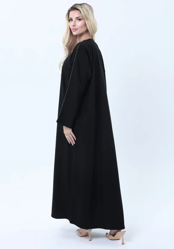MSquare Fashion Black Phua Fabric Abaya with Lace Trim, Silver Detailing & Pockets