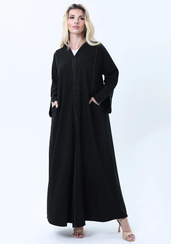MSquare Fashion Black Phua Fabric Abaya with Lace Trim, Silver Detailing & Pockets