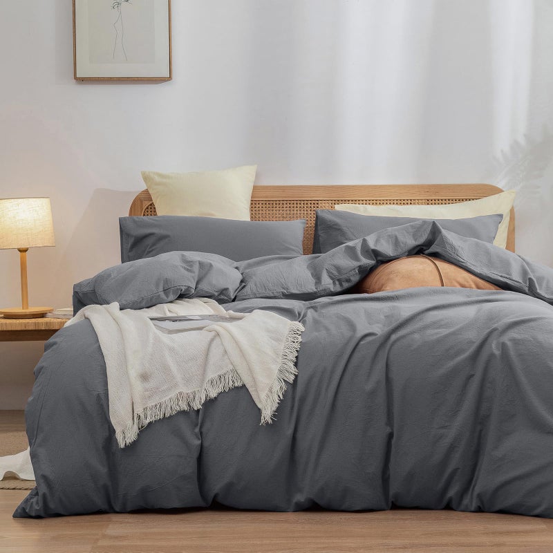 BESTOUCH Duvet Cover Set 100 Washed Cotton Linen Feel Super Soft Comfortable Chic Lightweight 3 PCs Home Bedding Set Solid Quiet Shade Grey Queen