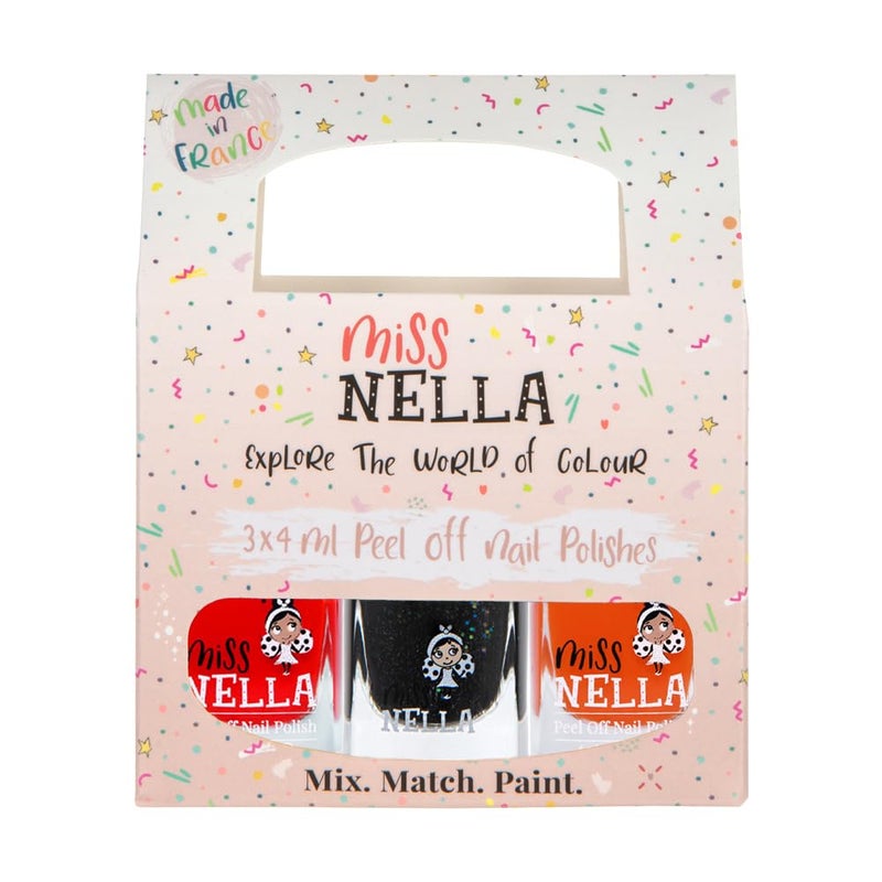 Miss NELLA MISS NELLA Halloween Special Glitter Kids Nail Polish 3 Pack: Poppy Fields (orange), Surprise Party (black glitter) & Class Clown (red), Peel-off, Non- toxic, Water Based Formula