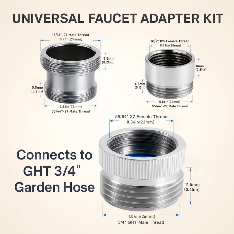 ROOGSIH Faucet Adapter with Aerator, Chrome Brass Sink Faucet to Garden Hose Connector, Fits G1/2" Female, 55/64" Female, and 15/16" Male, Connects to 3/4" GHT Garden Hose, with Washers and PTFE Tape - Image 2