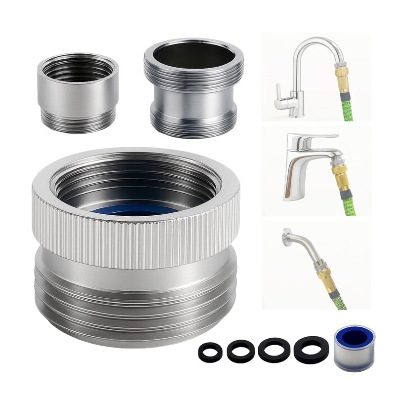 ROOGSIH Faucet Adapter with Aerator, Chrome Brass Sink Faucet to Garden Hose Connector, Fits G1/2" Female, 55/64" Female, and 15/16" Male, Connects to 3/4" GHT Garden Hose, with Washers and PTFE Tape - Image 1
