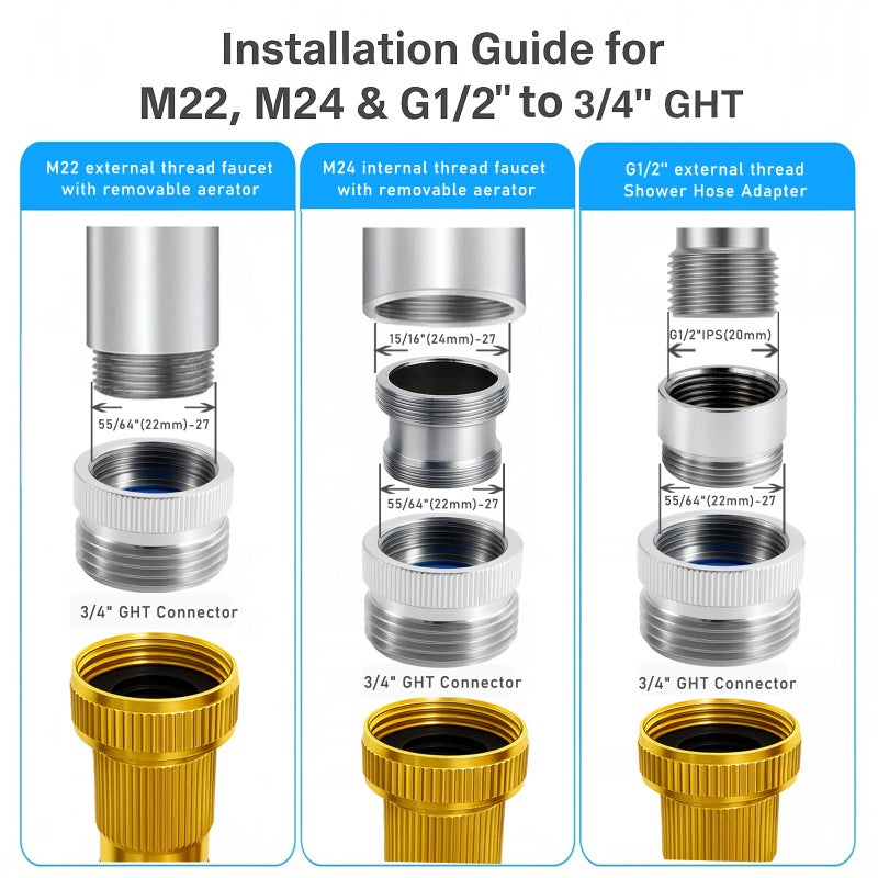 ROOGSIH Faucet Adapter with Aerator, Chrome Brass Sink Faucet to Garden Hose Connector, Fits G1/2" Female, 55/64" Female, and 15/16" Male, Connects to 3/4" GHT Garden Hose, with Washers and PTFE Tape - Image 5