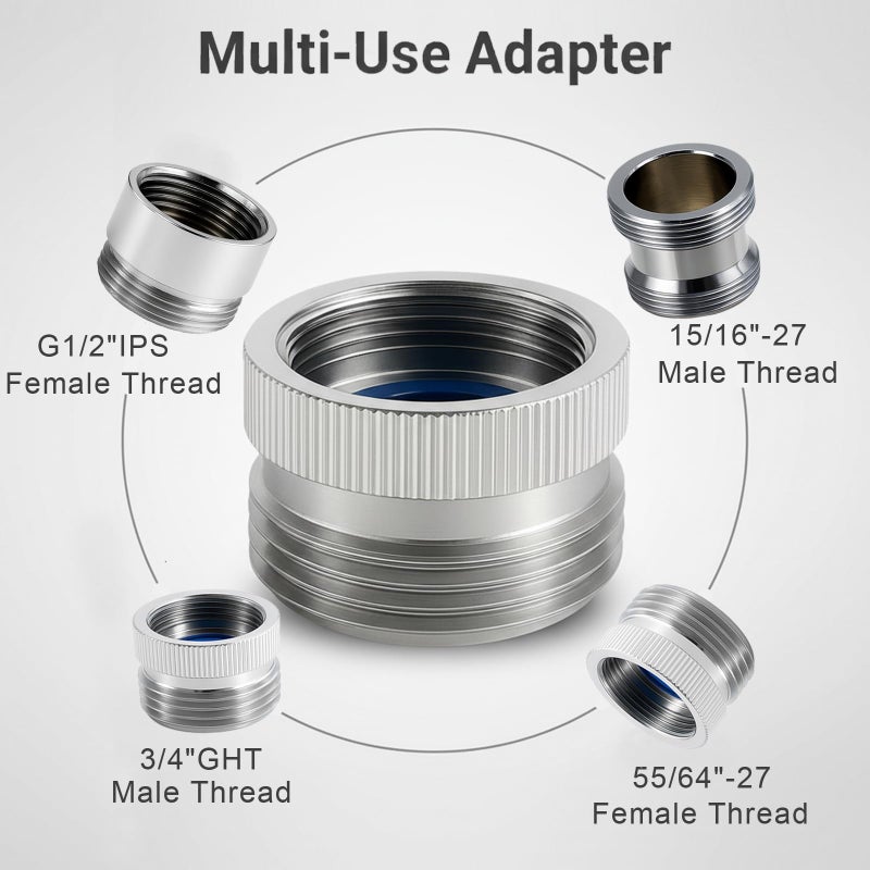ROOGSIH Faucet Adapter with Aerator, Chrome Brass Sink Faucet to Garden Hose Connector, Fits G1/2" Female, 55/64" Female, and 15/16" Male, Connects to 3/4" GHT Garden Hose, with Washers and PTFE Tape - Image 3