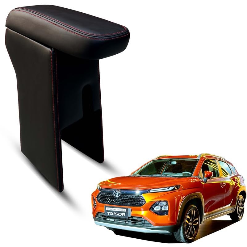 Carigiri Premium Finish Car Armrest with Storage Box And High Density Moulded Foam For Toyota Urban Cruiser Taisor (Black with Red Double Stitching,Nappa Leatherette)(Models 2024) - Image 1