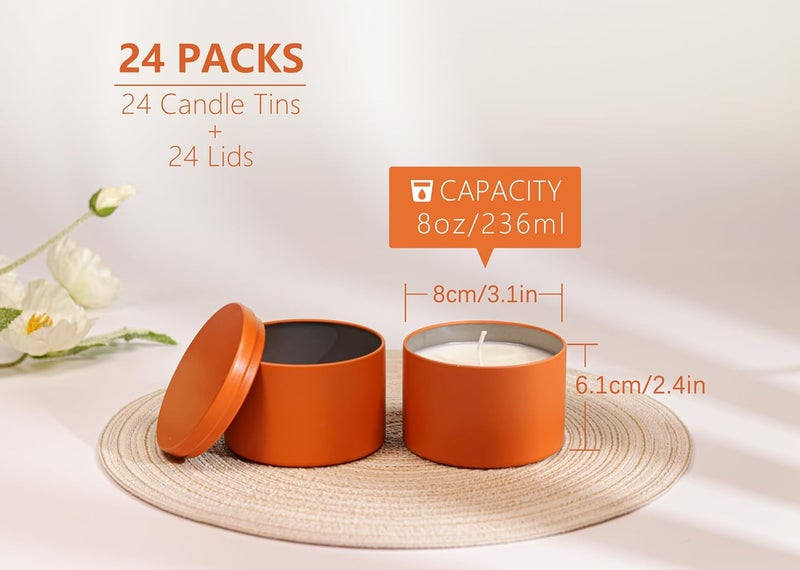 Aroparc Candle Tins 8oz with Lids, 24 Pack Seamless Candle Containers for Candle Making Supplies Empty Candle Jars - Orange - Image 2
