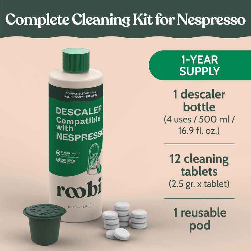 Roobi Descaling and Cleaning Kit Compatible with Nespresso Originaline. Includes 1 Bottle of Descaling Solution, 12 Cleaning Tablets and 1 Reusable Pod. Carbon Neutral. 1 Year Supply. - Image 4