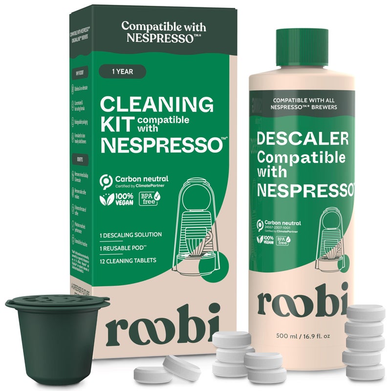 Roobi Descaling and Cleaning Kit Compatible with Nespresso Originaline. Includes 1 Bottle of Descaling Solution, 12 Cleaning Tablets and 1 Reusable Pod. Carbon Neutral. 1 Year Supply. - Image 1