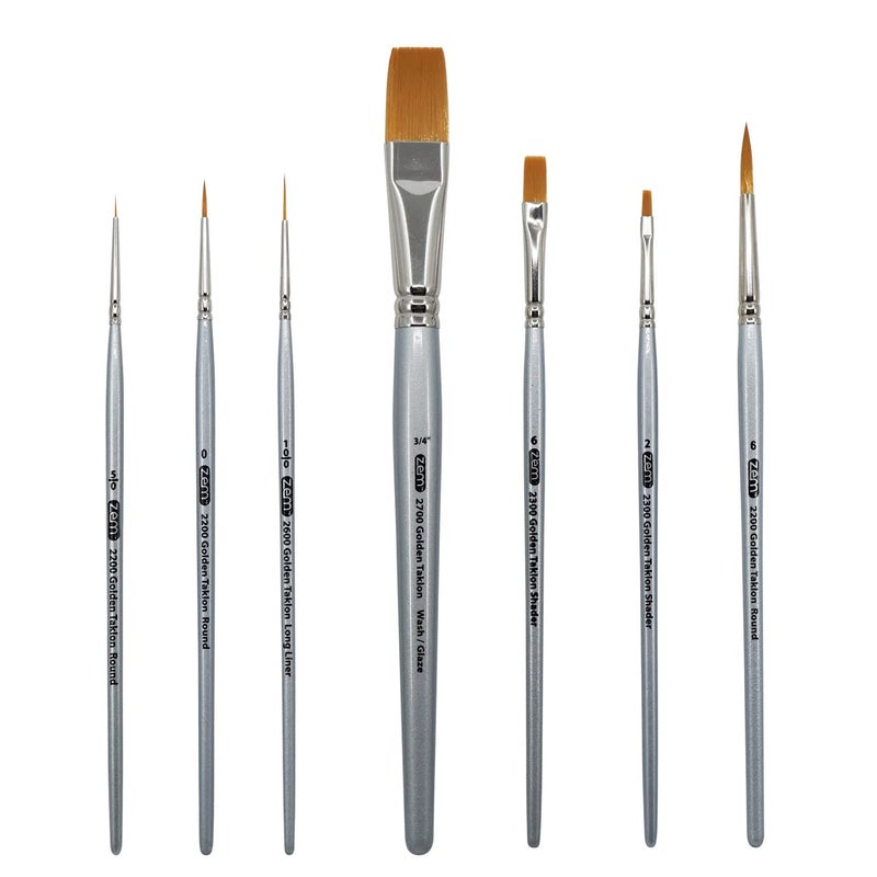 ZEM BRUSH Golden Taklon Synthetic Multi Media All Purpose 7 Piece Combo Brush Set